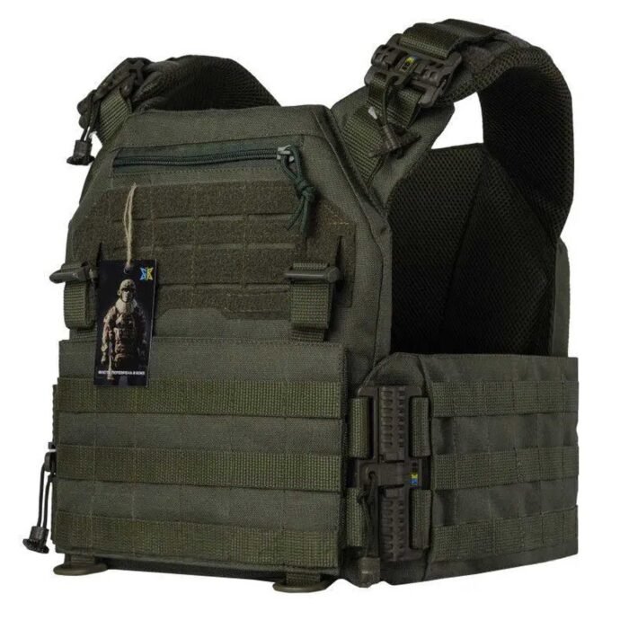 Olive green modular vest angled view showing padded shoulders and tactical gear loops
