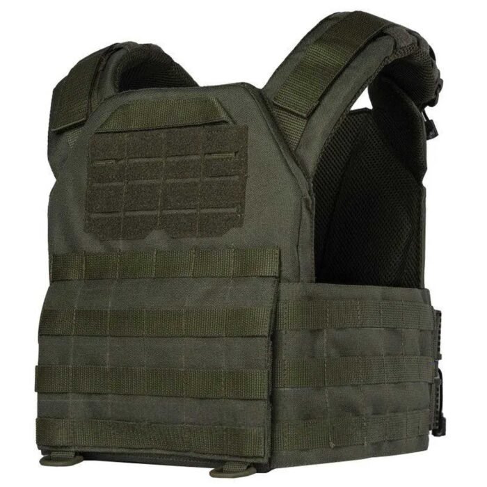 Side perspective of olive tactical vest with reinforced stitching and mesh padding