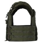 Olive tactical combat vest front view with modular webbing and breathable shoulders