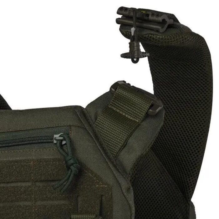 Shoulder fast-release mechanism on tactical vest shown in detail