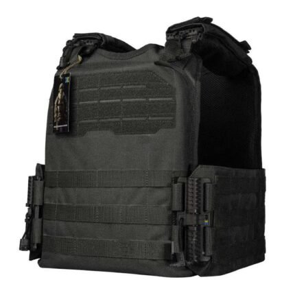 Full front and side view of black plate carrier vest