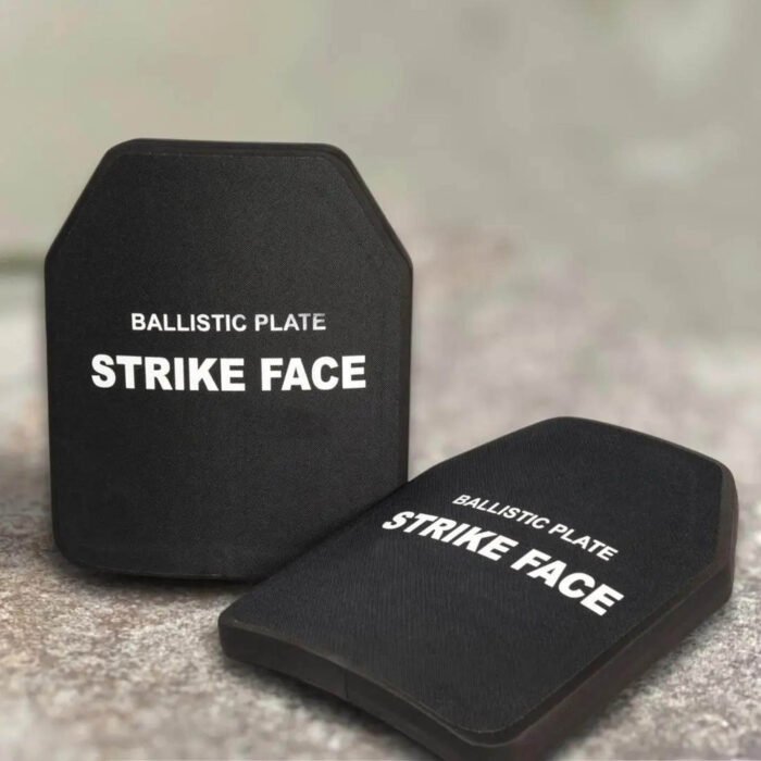 Tactical Level 6 ballistic armor plate with "Strike Face" label on the front