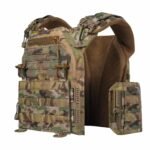 Side view of multicam tactical plate carrier vest with MOLLE straps