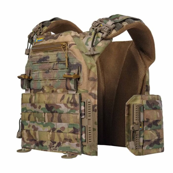 Side view of multicam tactical plate carrier vest with MOLLE straps