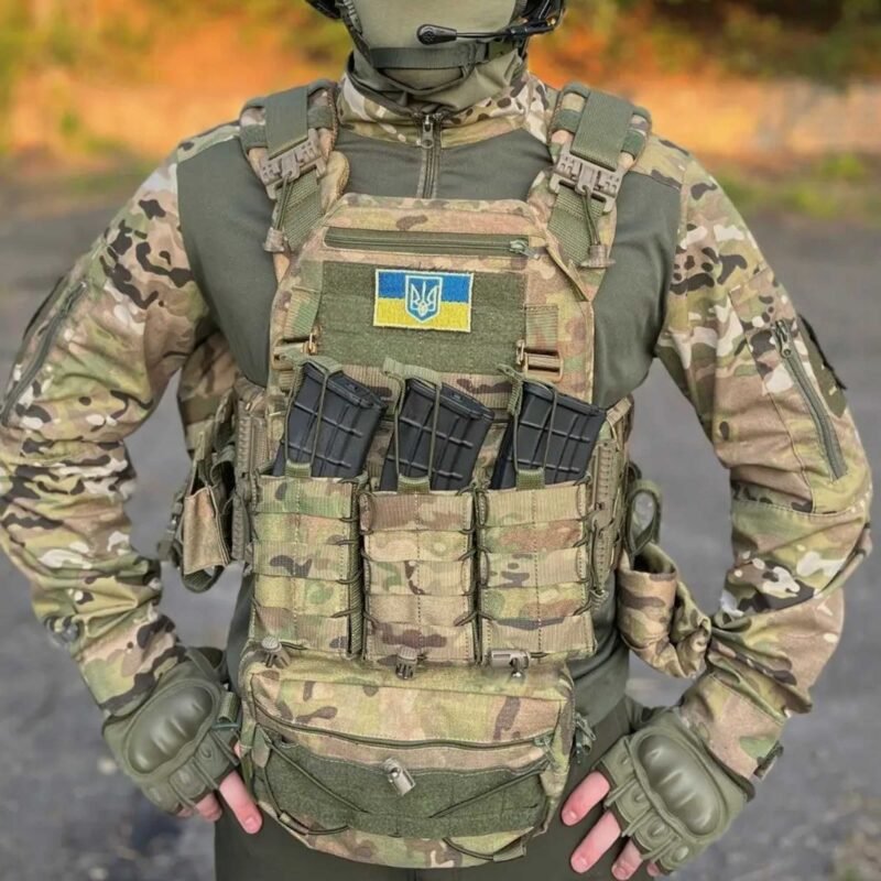 Complete multicam tactical plate vest setup with front pouches and groin protector