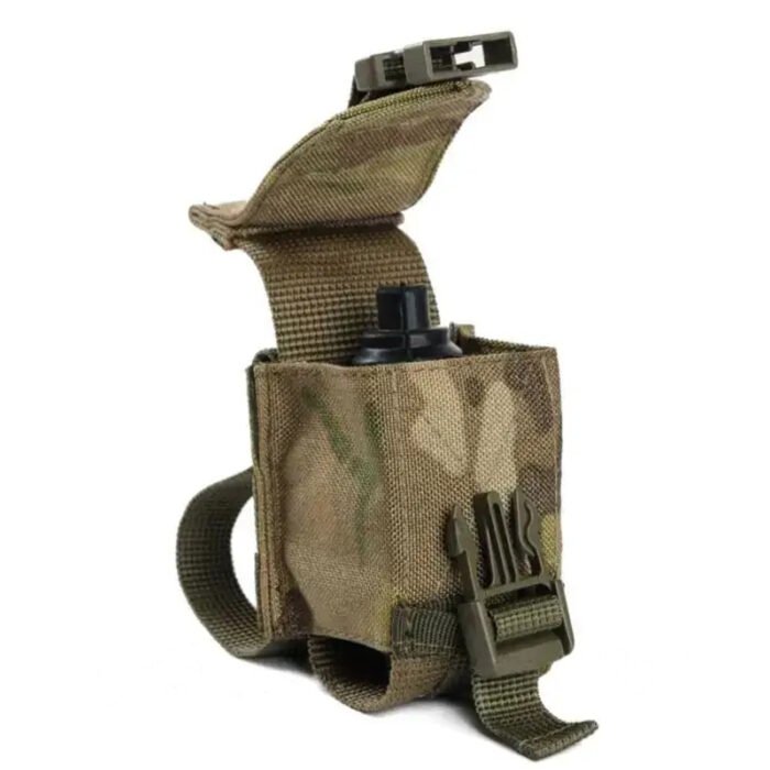 Open multicam molle pouch with visible grenade inside