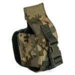 Pixel camo MOLLE pouch with quick-release buckle, angled view
