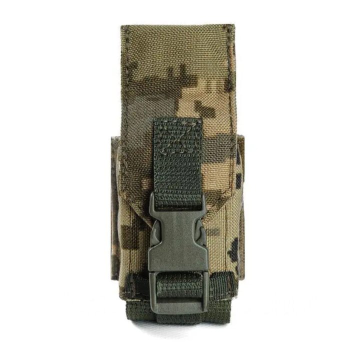 Tactical grenade pouch with MOLLE system in pixel camo, front view