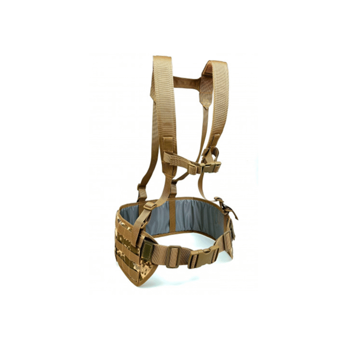 Coyote brown pixel tactical MOLLE belt with adjustable shoulder straps and padded interior
