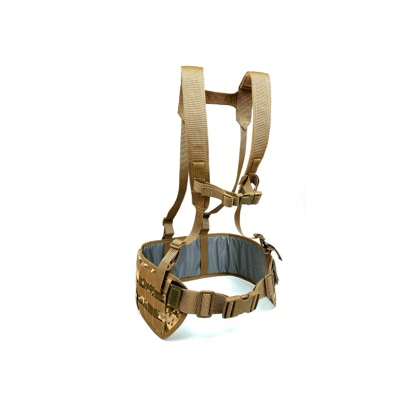Coyote brown pixel tactical MOLLE belt with adjustable shoulder straps and padded interior