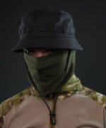 Lightweight black panama hat with chin strap, worn with tactical gear