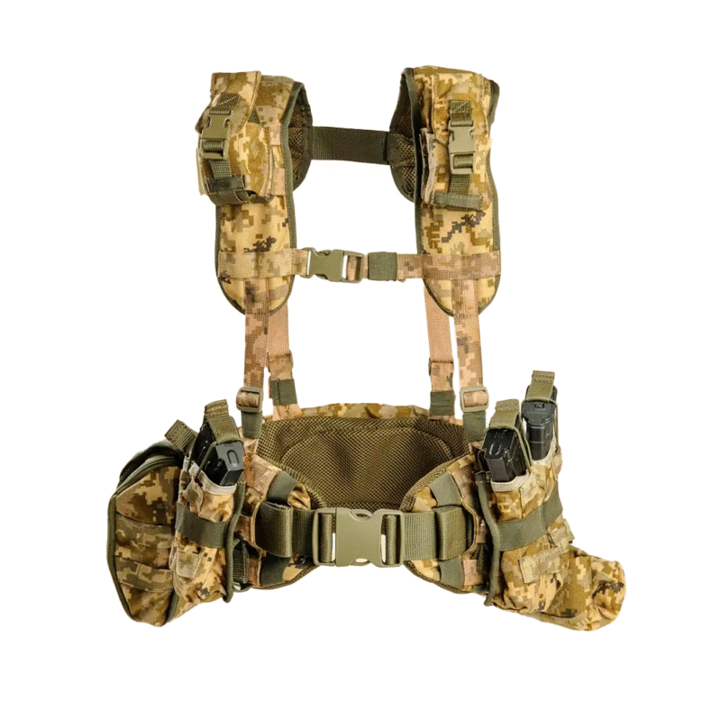 Pixel camouflage RPS tactical load-bearing vest system with modular pouches and adjustable straps, shown front-facing