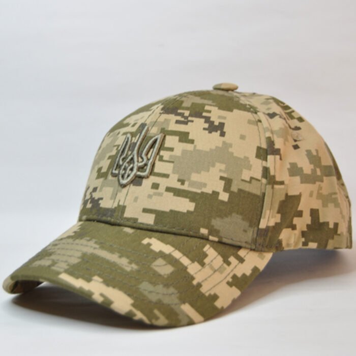 Digital pixel camo baseball cap with embroidered Ukrainian trident emblem, front angle