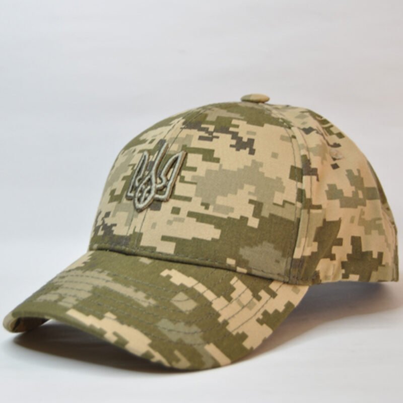 Digital pixel camo baseball cap with embroidered Ukrainian trident emblem, front angle