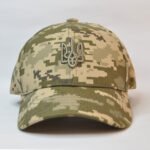 Pixel camo military cap with Ukrainian trident embroidery, front view