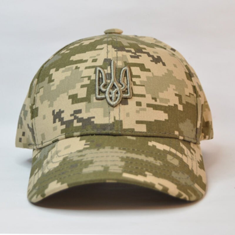 Pixel camo military cap with Ukrainian trident embroidery, front view