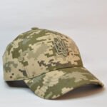 Ukrainian trident embroidered on front of digital camo cap