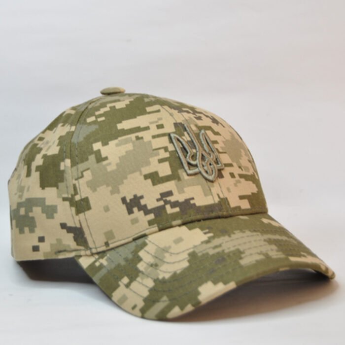 Ukrainian trident embroidered on front of digital camo cap