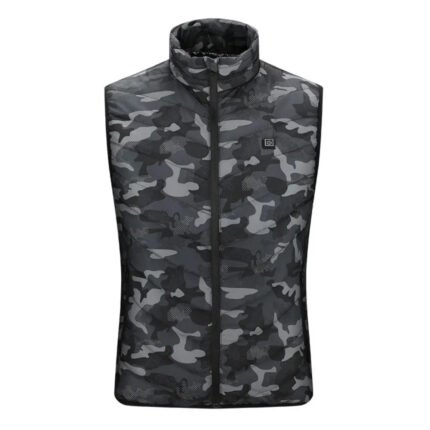 Front look at the urban camo winter heated vest with power button