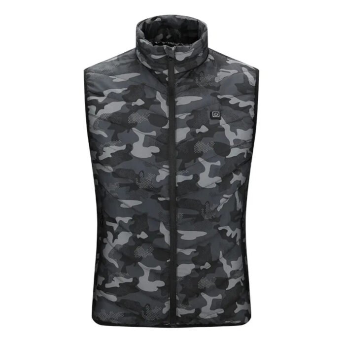 Front look at the urban camo winter heated vest with power button