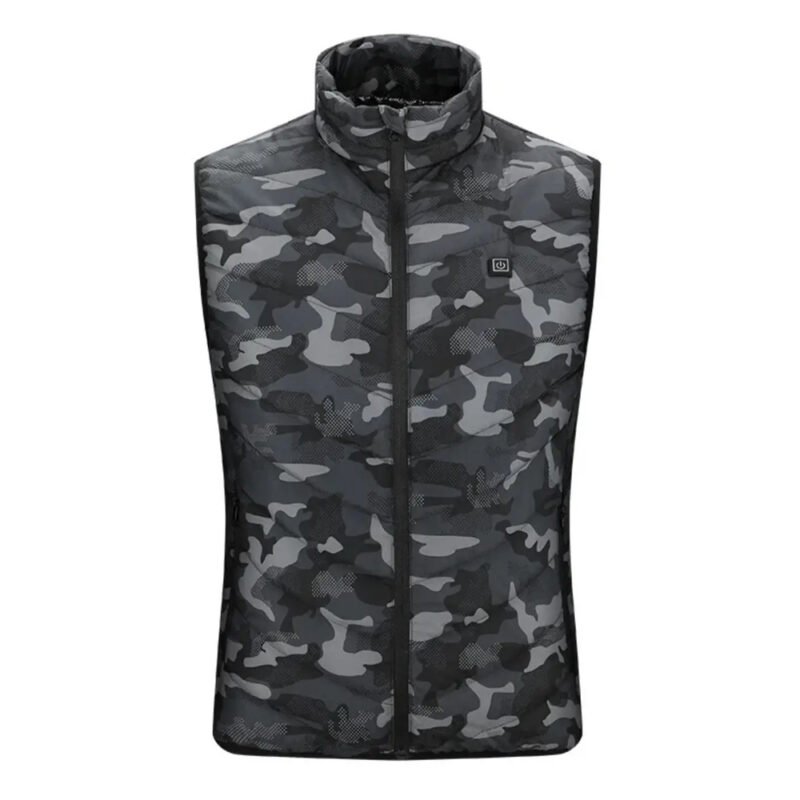 Front look at the urban camo winter heated vest with power button