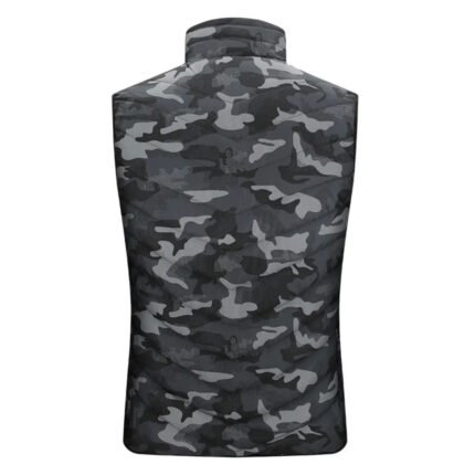 Back side of the urban camo heated vest in dark grey and black pattern
