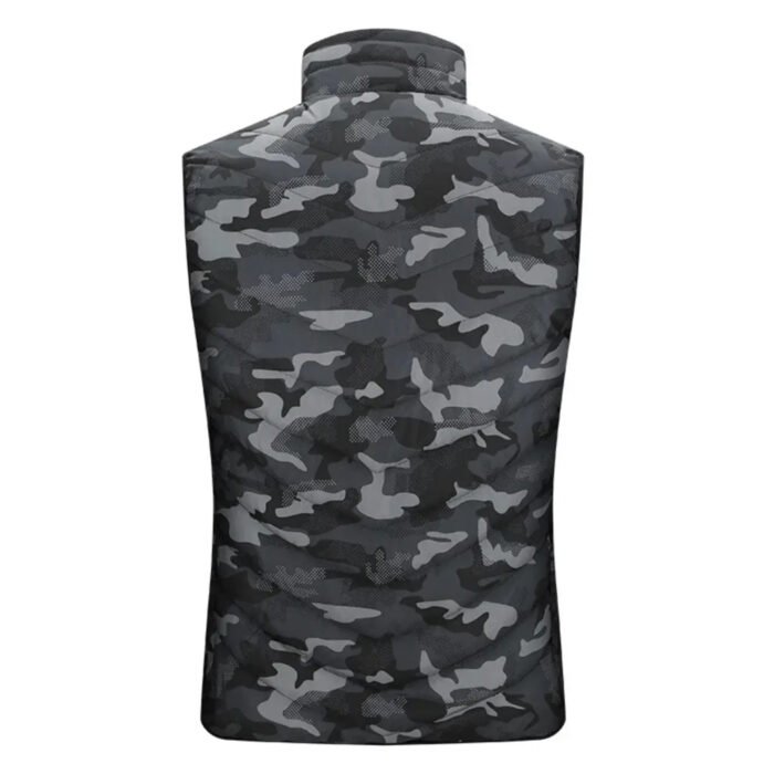 Back side of the urban camo heated vest in dark grey and black pattern