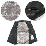 Inside of heated vest showing USB connector and reflective thermal layer