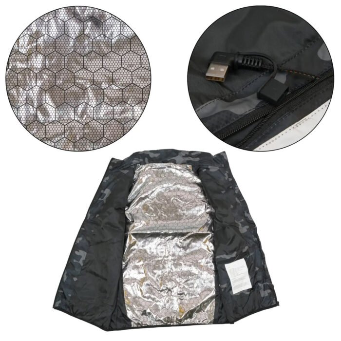 Inside of heated vest showing USB connector and reflective thermal layer