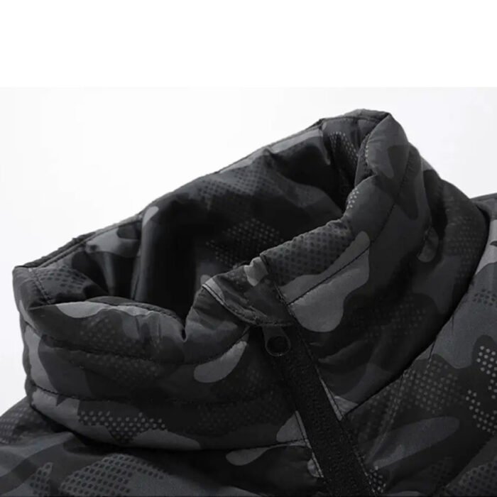 Close-up of the collar area on a black urban camouflage heated vest