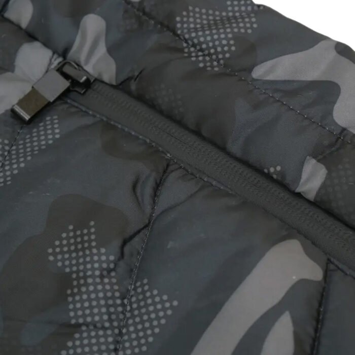 Close-up view of the zipper on an urban camo heated vest
