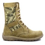 Beige tactical combat boot with pixel camouflage ripstop fabric insert, side view showing lace-up front and durable stitched sole.