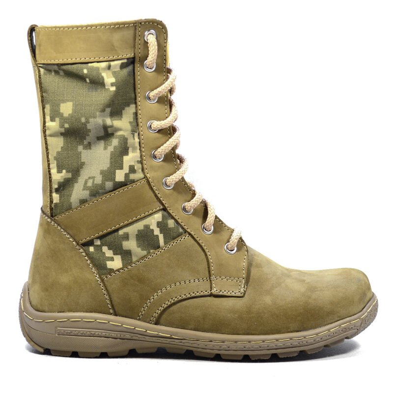 Beige tactical combat boot with pixel camouflage ripstop fabric insert, side view showing lace-up front and durable stitched sole.