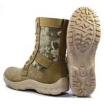 Pair of beige tactical combat boots with pixel camouflage ripstop fabric inserts, shown from side and sole views highlighting durable tread and reinforced stitching.
