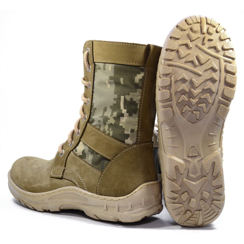 Pair of beige tactical combat boots with pixel camouflage ripstop fabric inserts, shown from side and sole views highlighting durable tread and reinforced stitching.
