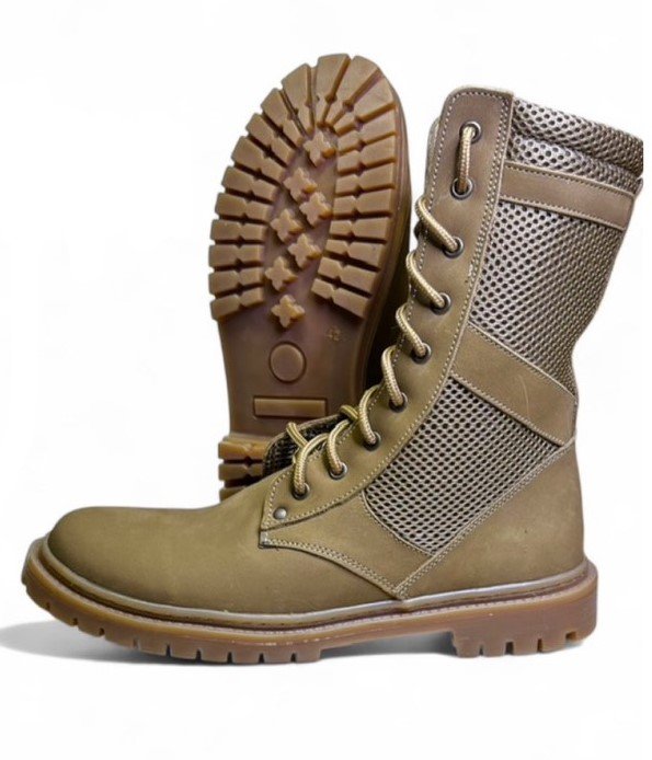 Coyote brown tactical summer boots with breathable mesh panels, durable leather construction, and rugged rubber sole – lightweight military footwear for men and women