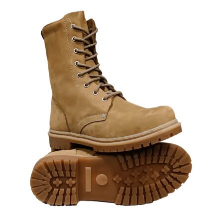 Beige NATO tactical combat boots made of coyote leather with durable laces and rugged anti-slip rubber sole, side and bottom view.