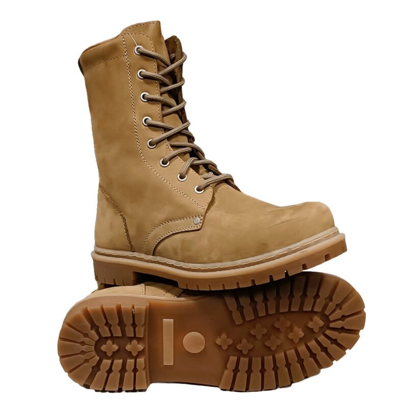 Beige NATO tactical combat boots made of coyote leather with durable laces and rugged anti-slip rubber sole, side and bottom view.
