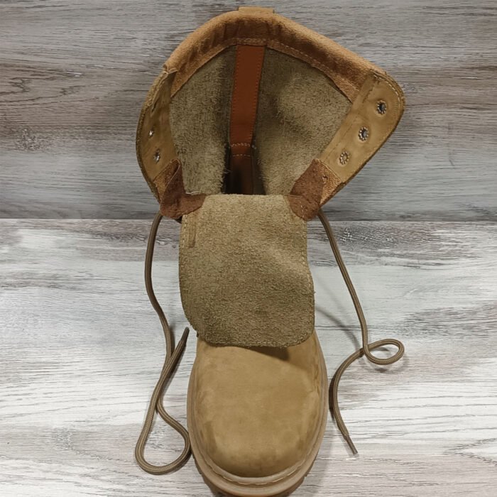 Front view of Ukrainian NATO beige combat boot with open tongue