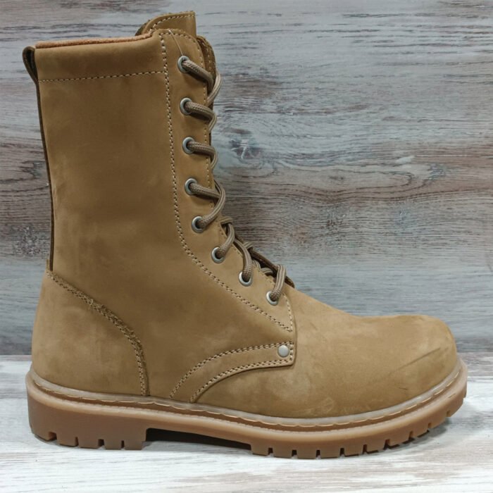 Side profile of NATO beige Ukrainian army leather boot