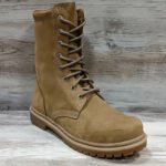 Angled side view of beige NATO-standard Ukrainian combat boot