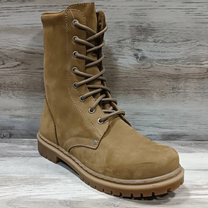 Angled side view of beige NATO-standard Ukrainian combat boot