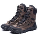 Pair of brown Ukrainian tactical boots with black Cordura panels