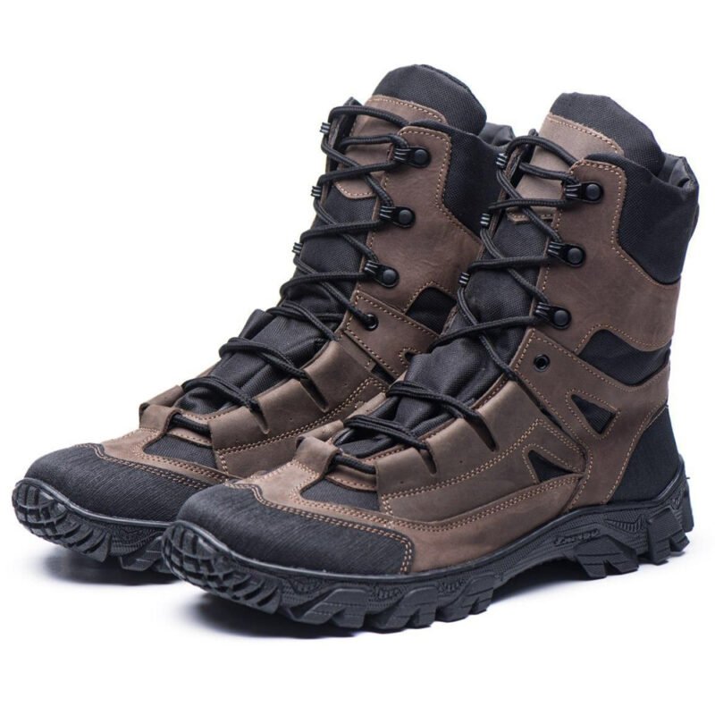 Pair of brown Ukrainian tactical boots with black Cordura panels