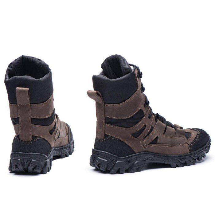 Rear view of brown Ukrainian military boots with reinforced heel
