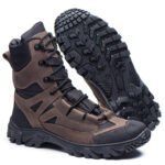 Brown leather combat boots with waterproof Cordura and black outsole