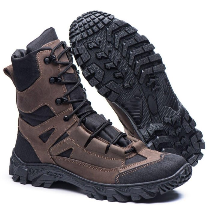 Brown leather combat boots with waterproof Cordura and black outsole