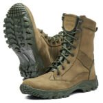 Khaki tactical boots with reinforced leather body and green outsole
