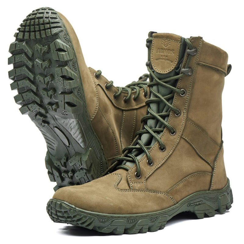 Khaki tactical boots with reinforced leather body and green outsole