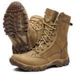 Coyote brown army boots made of water-resistant nubuck leather with high shaft and tread sole
